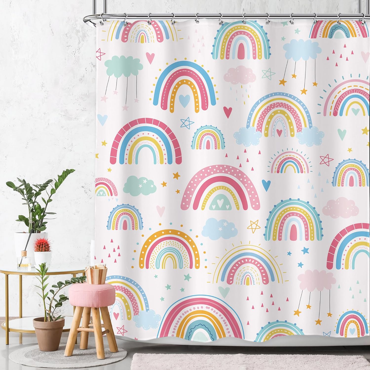 

Boho Rainbow Shower Curtain Kids Girls Pink Cartoon Cute Watercolor Clouds Stars Colorful Shower Curtain Bathroom Set Bohemian W60H190(CM)-1 Pcs