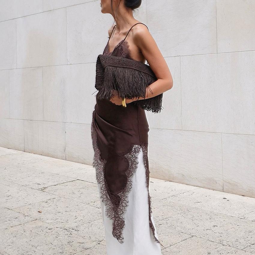 Summer New Style Imitation Silk Lace Slit Inner Dress Satin Suspender Skirt For Women