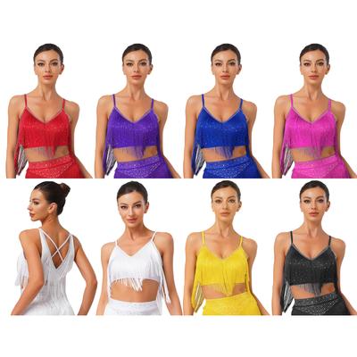 Costume de Performance Danse Latine Salsa pour Femmes Décolleté en V Sans Manches Dos Croisé Franges Crop Top