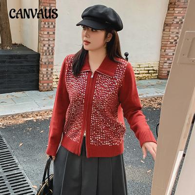 Damenstrickwaren Übergröße Strick Revers Langarm Jacke Perlen Tops Herbst und Winter Locker Gestrickter Cardigan