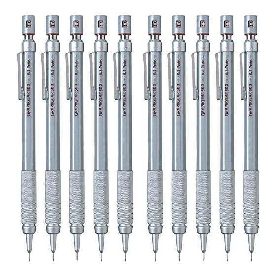 Pentel GraphGear 500 Mechanical Pencil, 0.3mm, 10-Pack, Silver Barrel. Features a slim tip for clear visibility of lines and text,