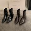 Black high-heeled short boots women's 2025 autumn and winter single boots and bare ankle boots soft leather small heel pointed French thin heel thin 