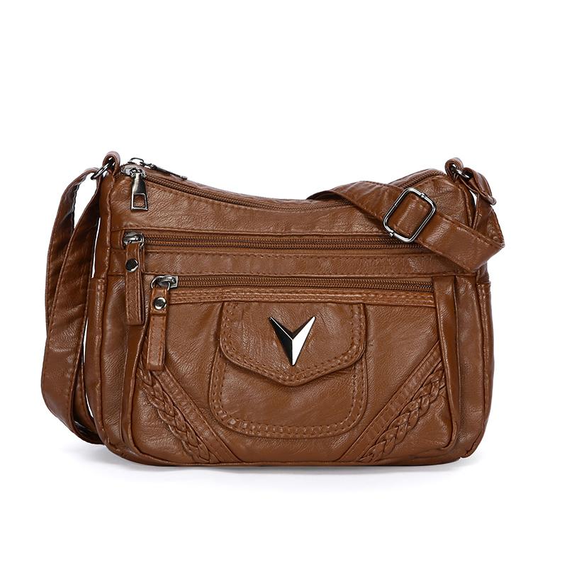 Leren Crossbody Tas met Meerdere Ritsen, Gevlochten Detail en Klepzak, Casual Schoudertas voor Dames