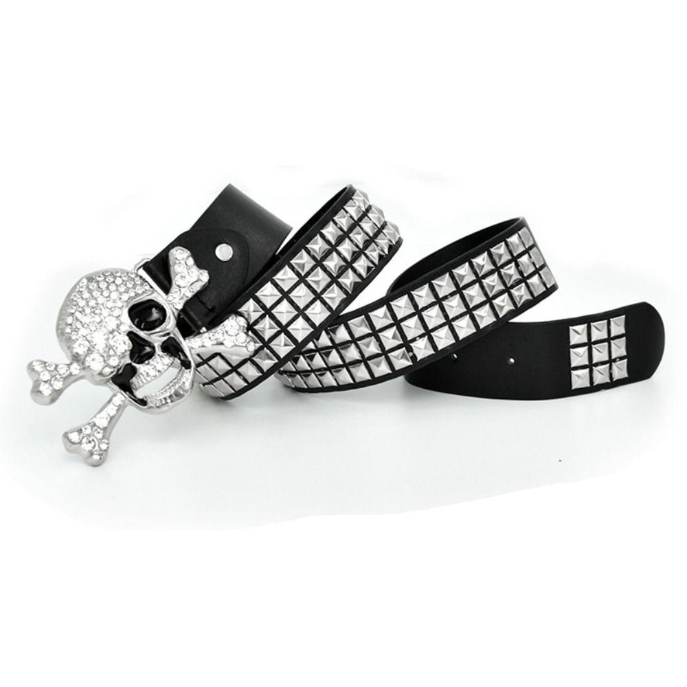 Rhinestone Skull Wide Waistband Adjustable Skeleton Belt Vintage Black Rivet Belt Men