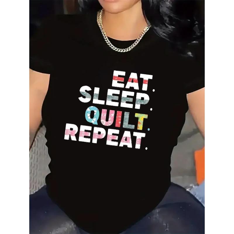 

European sizes Women S Quilting Enthusiast T-Shirt - Eat Sleep Quilt Repeat Design with Quilting Patterns, Soft Breathable Short Sleeve Top 4XL чорний