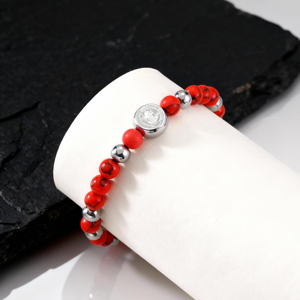 Heiliger Benedikt Edelstahlarmband für Herren, Armband mit roten Kiefernsteinen, Katholischer Christlicher Schmuck