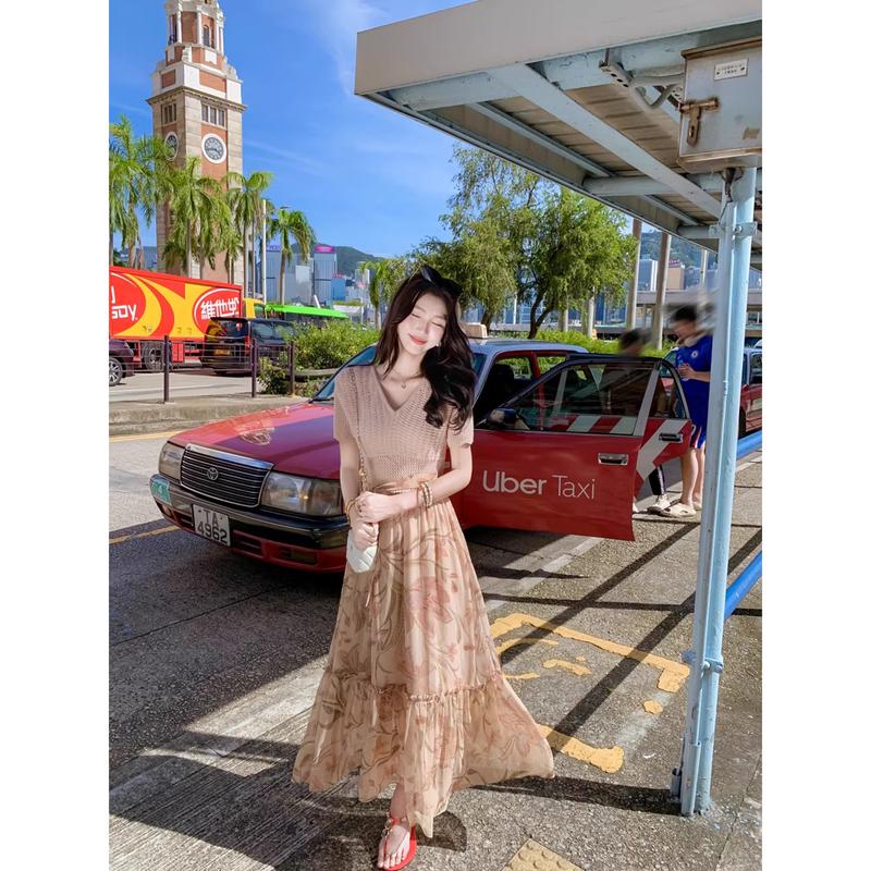 Women s Summer Rabbit Print Knit Patchwork Maxi Dress S