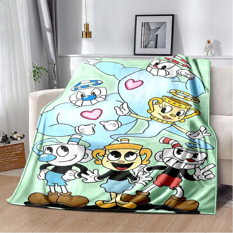 Cuphead & Mugman Flannel Blanket, Soft Throw with "Don't Deal With The Devil" Print, Cozy Bedding for Retro Game Fans