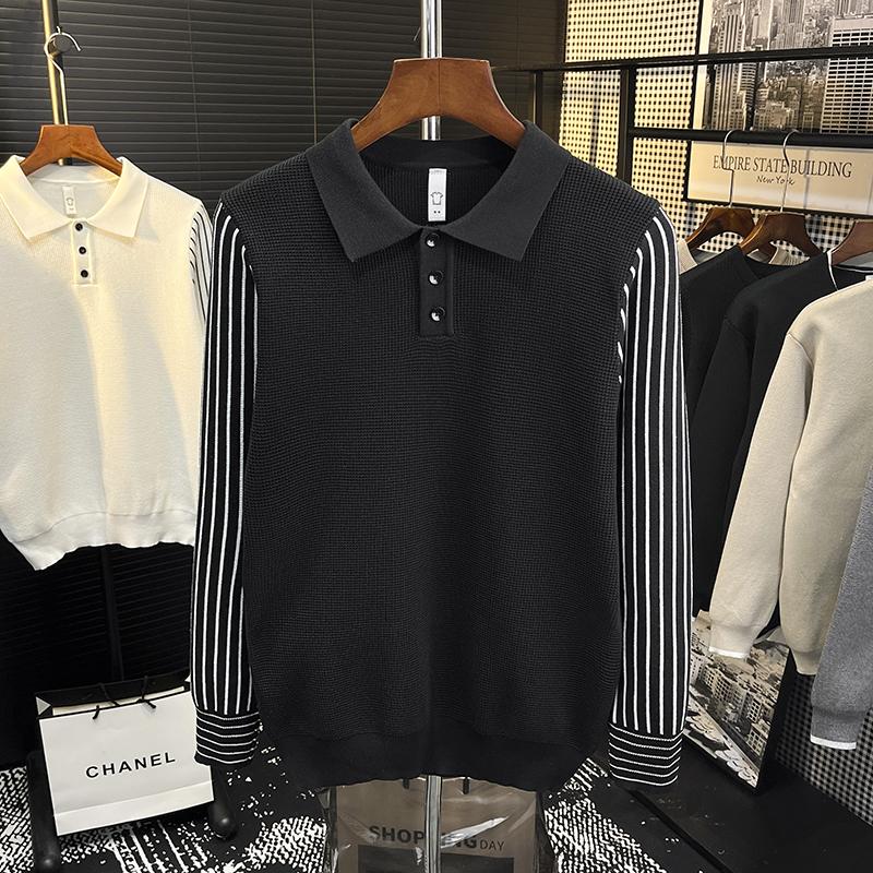 

Модный бренд мужской одежды, облегающий трикотажный свитер с лацканами, высококачественный ПУ, красивая молодежная рубашка-поло для мужчин с длинным рукавом 3XL чёрный
