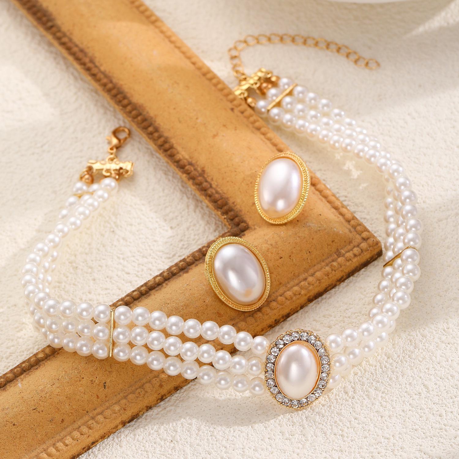 Retro Court Style Multi-Layer Pearl Necklace & Bracelet Set for Women