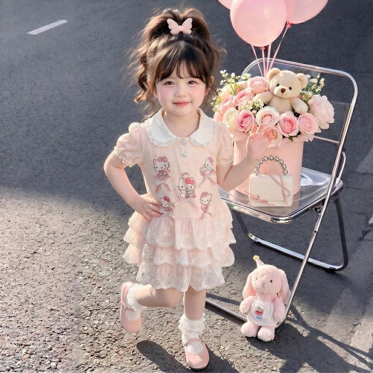 2026 Girls Summer Cartoon Rabbit Lace Trim Princess Midi Dress 140 cm