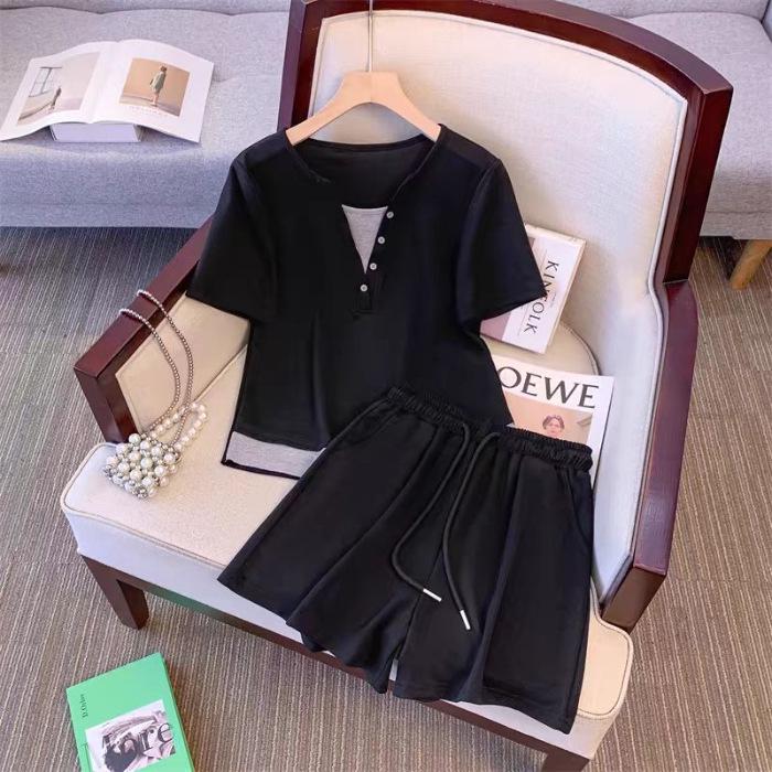 Plus Size Women's Korean Summer Street Style Short Sleeve T-shirt & Shorts Two-Piece Set