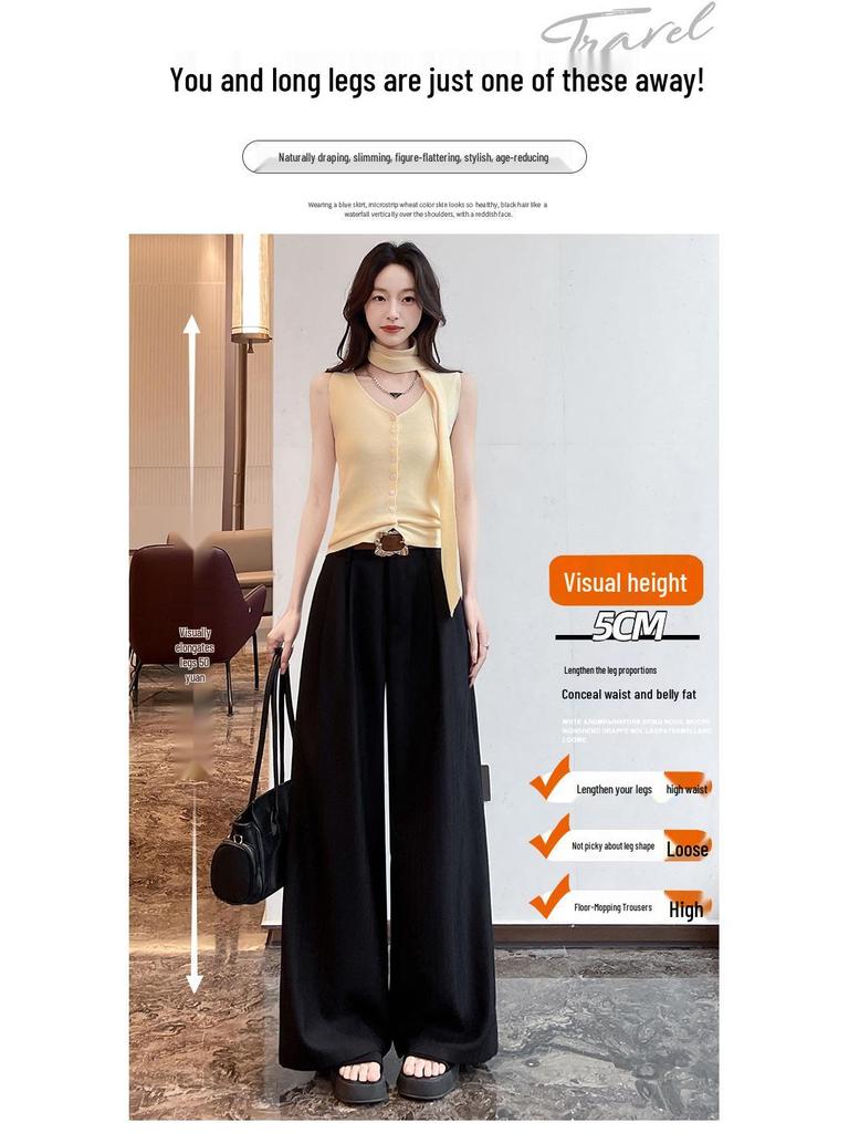 Women's High-Waisted Striped Wide-Leg Pants with Belt - Casual, Loose, Floor-Length Style