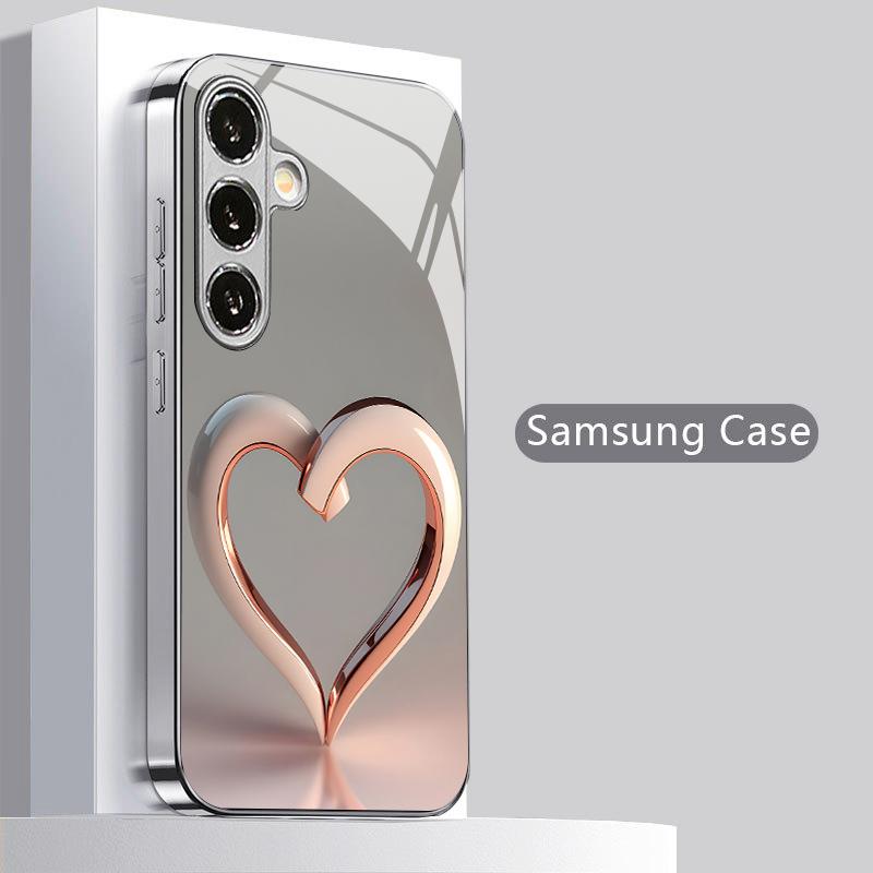 Rose Heart Pattern 2D Phone Case for Samsung S26 S25 S24 S23 S22 S21 S20 A56 A36 A16 - Electroplated Glass Protective Cover