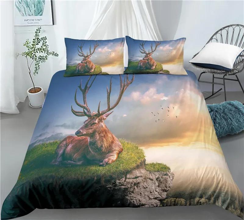 Christmas Deer King Queen Duvet Cover Animal Elk Bedding Set 2/3pcs for Kids Teens Adults Blue Soft Quilt Cover with Pillowcase