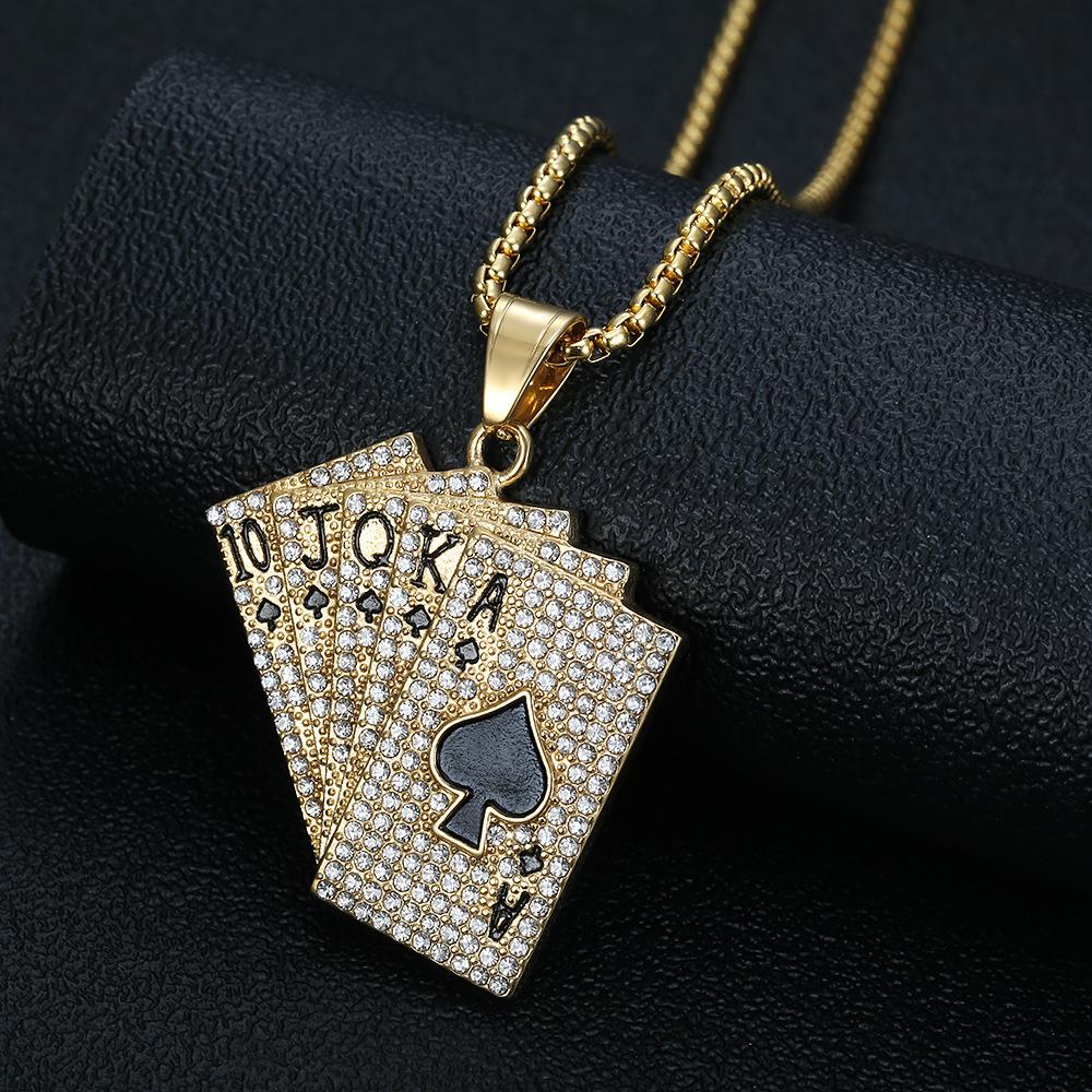 Hip Hop Iced Out Playing Card Pendant Male Gold Color Stainless Steel Rapper Straight Flush Poker Necklaces For Men Jewelry Gift