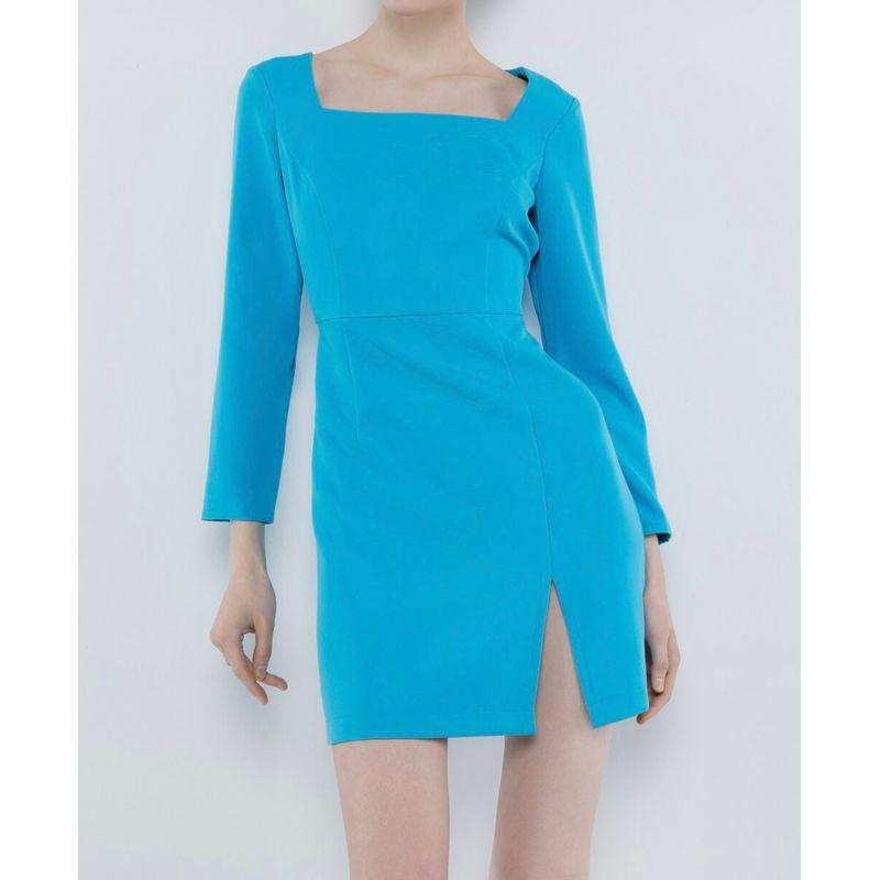 

Export Single Texture Square Collar off-Shoulder Long Sleeves Small Slit Work Clothing Ol Hip Bag Stylish Fashion Short Dress Blue L