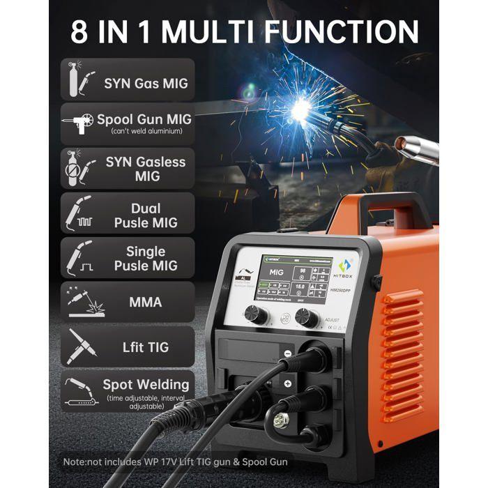 Poste à souder MIG - HITBOX HIM250DPP 8 en 1 - Soudage aluminium - Gaz/Sans gaz - Haute performance