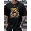 Men's 100% Cotton Summer Loose Size Cartoon Bear Pattern Printed Slim Fit Casual Sports Round Neck Short Sleeved T-shirt Top