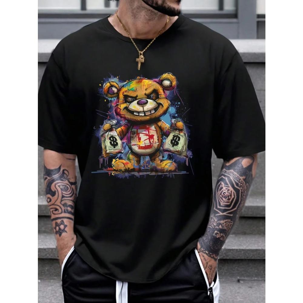 Men's 100% cotton summer loose size Cartoon Bear Pattern printed slim fit casual sports round neck short sleeved T-shirt top
