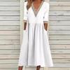 European & American Plus Size Women's Loose Cotton Linen Floral Lace V-Neck Mid-Length Dress with Five-Point Sleeves