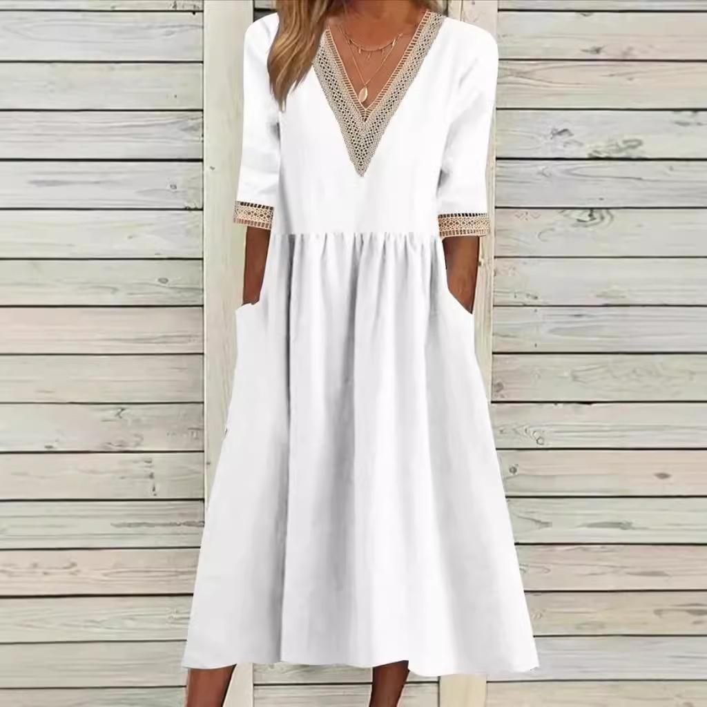 European & American Plus Size Women's Loose Cotton Linen Floral Lace V-Neck Mid-Length Dress with Five-Point Sleeves