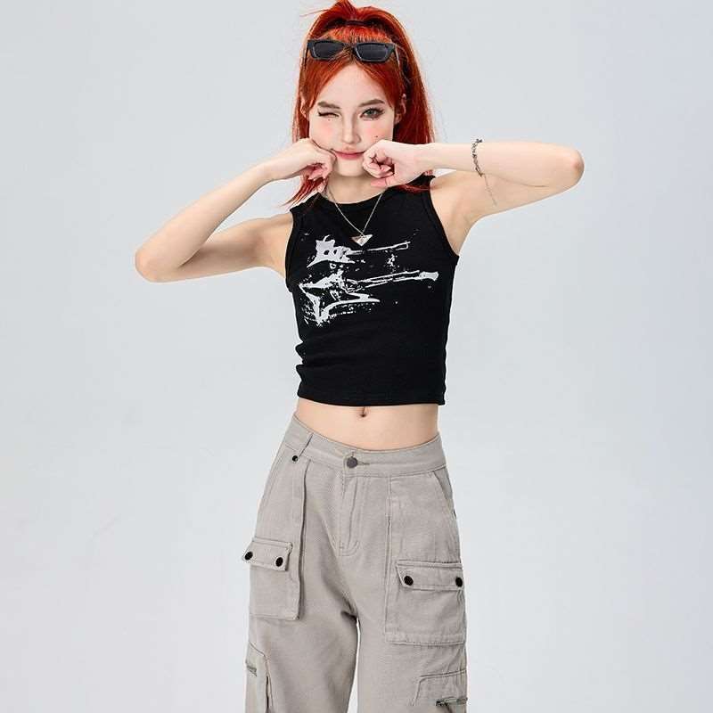 Black Y2K Tops For Women Sexy Fashion Vest Sleeveless T-shirts Fashion Girls Casual Tops