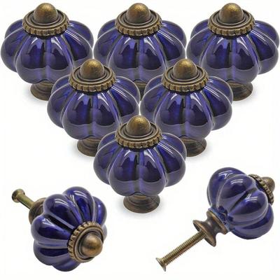 8 Stück kobaltblaue Keramikknöpfe, Kürbis-Schrankknöpfe, Vintage-Kommodenknöpfe, Vintage-Schubladengriffe mit Schrauben für Schrankschubladen, Schrankschränke