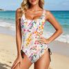 Swimsuit for Women with Floral Print Scoop Neck Adjustable Side Tie Bathing Suit Soft Fabric Swimwear