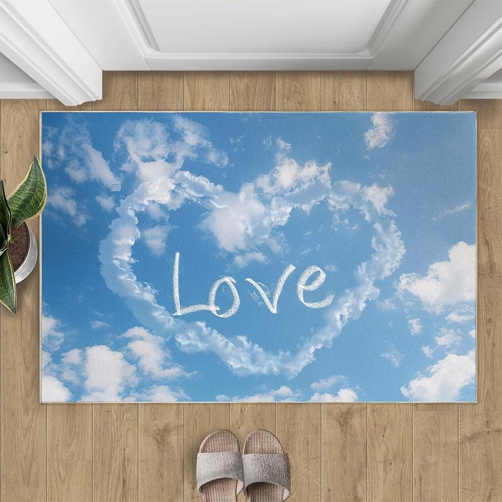 Love Cloud Door Mat Heart Shape Blue Sky Entrance Rug Cute Welcome Mat Indoor Non-Slip Home Hallway Floor Decor Romantic Gift