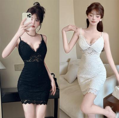 Nightclub Women's Clothing Sexy Low-cut V-neck Fashion Temperament Suspender Dress Wind Pure Lace Short Skirt