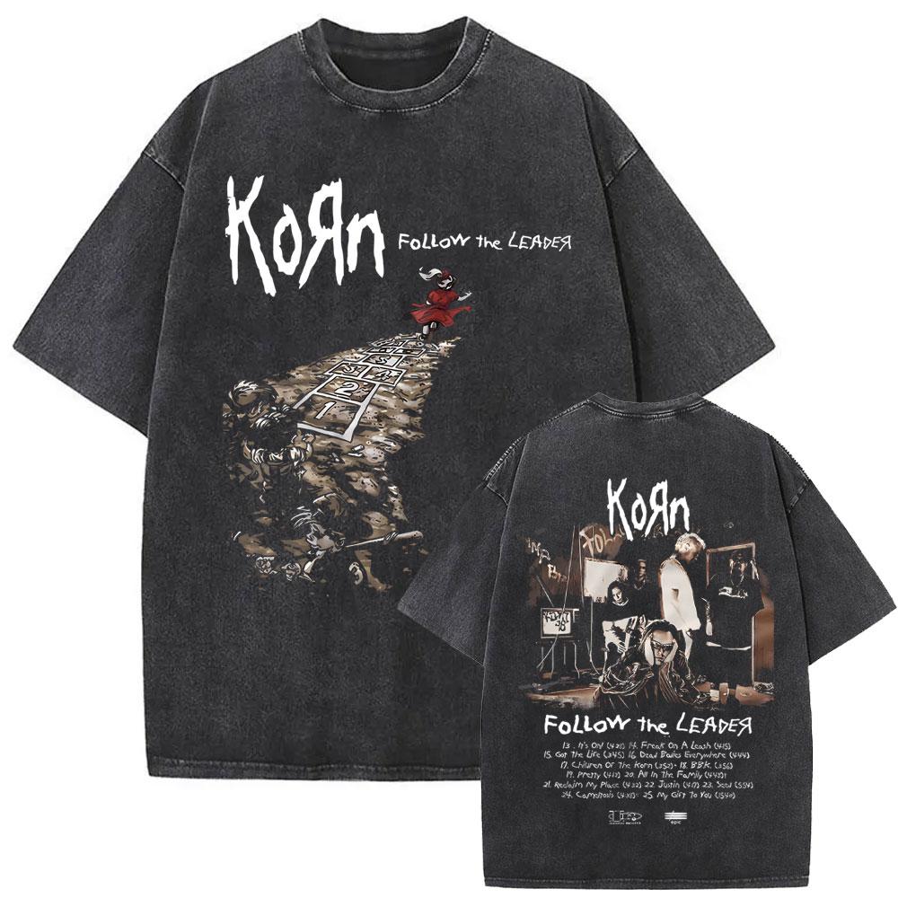 Vintage Washed Korn Music Album Follow The Leader T-shirt Men Women Fashion Gothic Rock T Shirt Men s Casual Oversized T-shirts S разноцветный