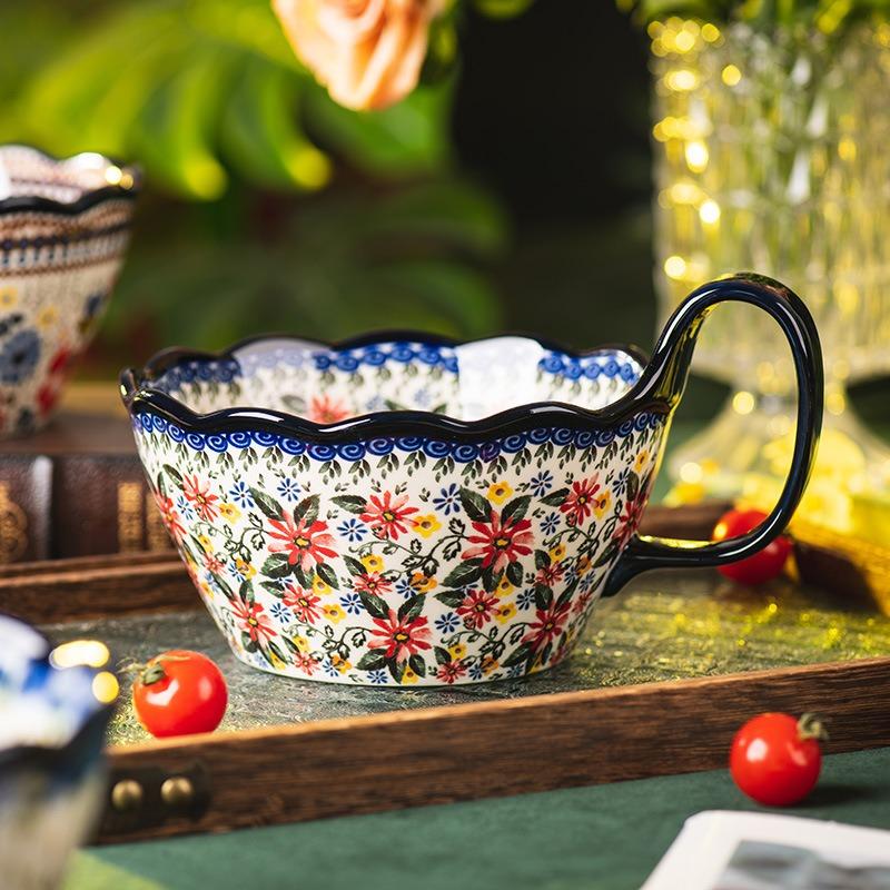 Handlebar Bowl Household Tableware Retro Ceramic Bowl Instant Noodle Bowl Soup Bowl Rice Bowl Large Bowl Salad Bowl Personal