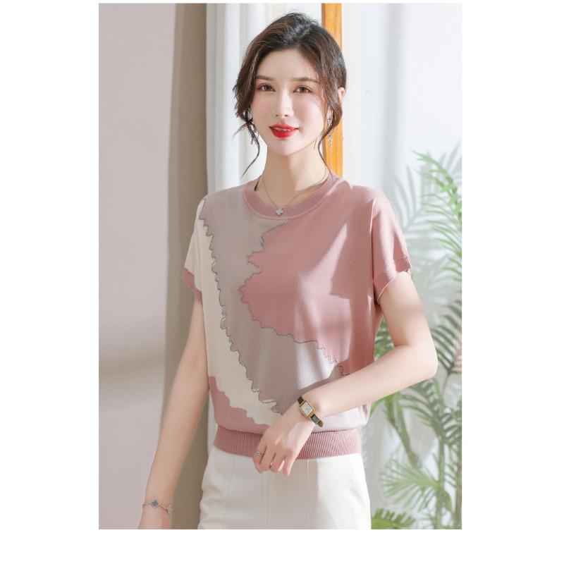 Women Summer New Ice Silk Round Neck Short Sleeve T Shirt Elegant Loose Thin Knit Top