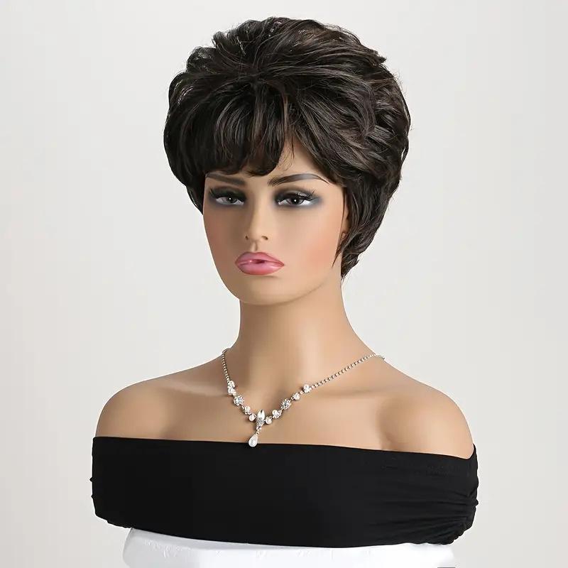 Dunkelbraunes Synthetikhaar Kurze Lockige Perücke mit Seitenscheitel Hitzebeständige Perücke für Schwarze Frauen Mommy Wigs Täglich Lässig