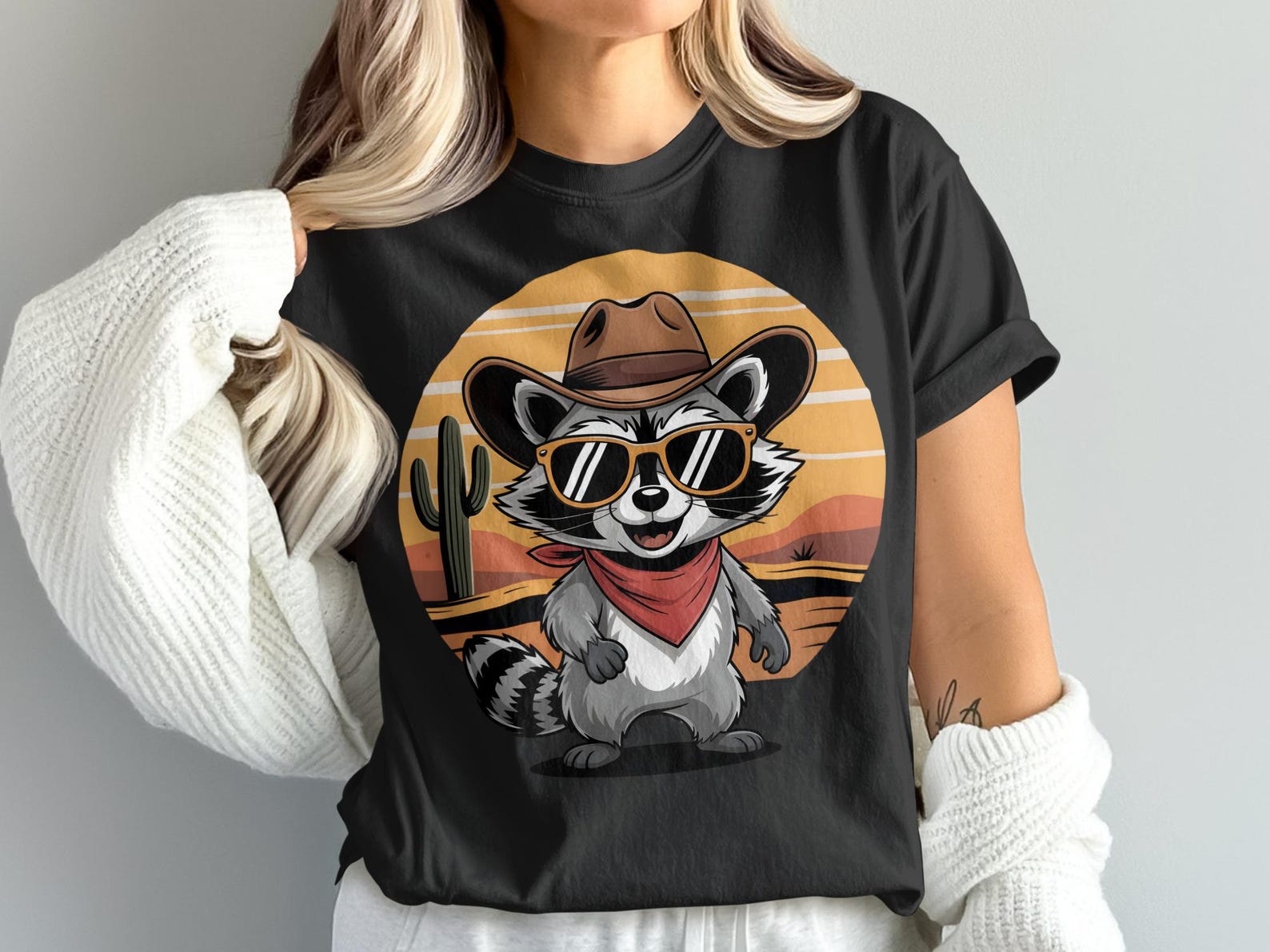 Cowboy Raccoon T-Shirt, Western Bandit Tee, Desert Animal Shirt, Sunglasses Raccoon Top, Funny Cartoon T Shirt, Raccoon Lover Gift M