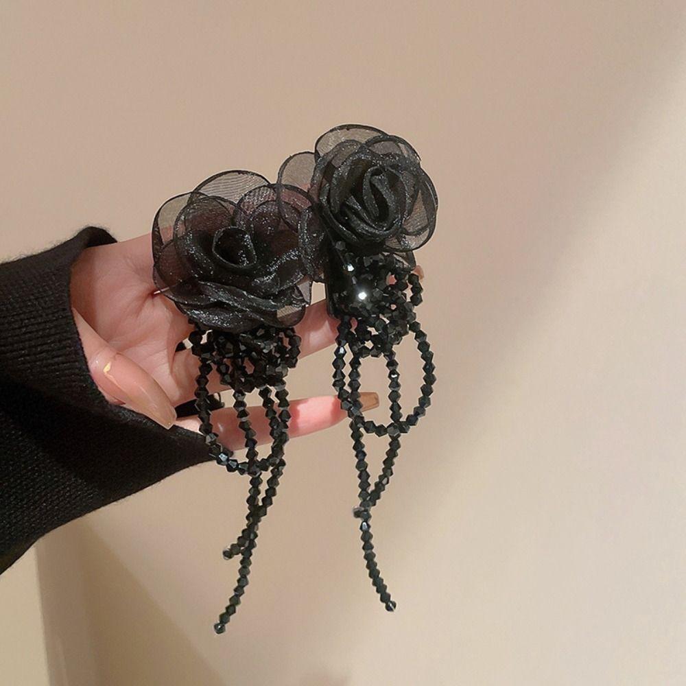 Light Luxury Tassel Earrings Silver Needle Crystal Dangle Earrings Gauze Flower Earrings  Women