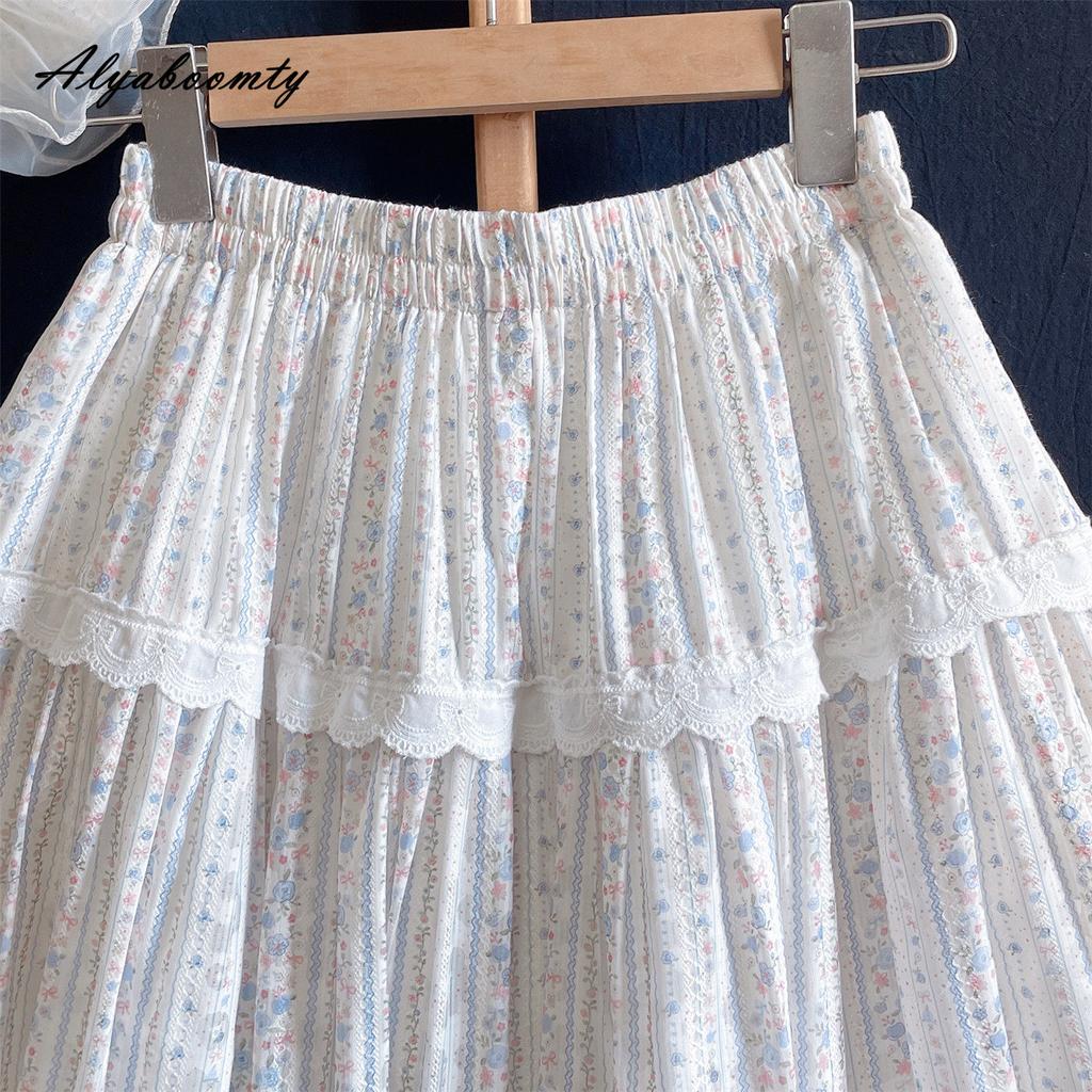 Japanischer Mori Girl Frühling Sommer Damen A-Linien-Rock Hohe Taille Süßer Blumenspitzen-Rüschen-Patchwork-Rock Eleganter Femininer Damenrock