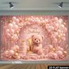2D Plane's First Birthday Party Banner Background - Pink Teddy Bear Theme, Combined with Pink and Gold Balloons and Rose Flowers