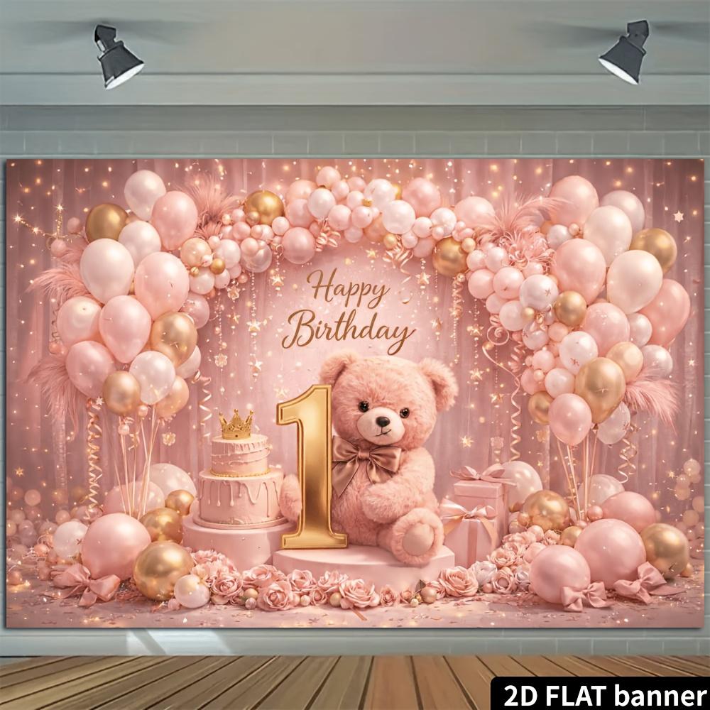 2D Plane's First Birthday Party Banner Background - Pink Teddy Bear Theme, Combined with Pink and Gold Balloons and Rose Flowers