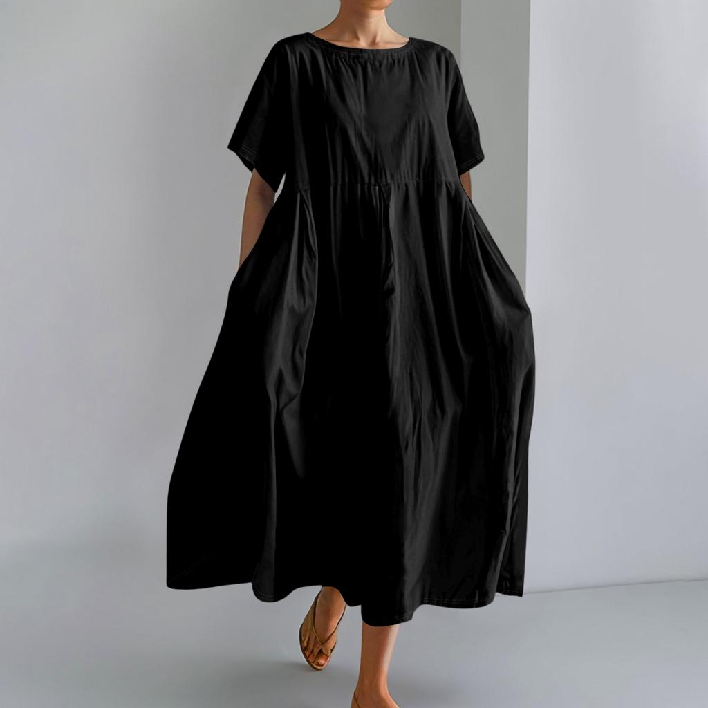 Women's  Color Fashionable Casual Cotton And Linen Loose Round Neck Short Sleeved Dress