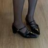 Pointed Black Temperament Thick Heel Single Shoes Women's Cross Buckle Shallow Mouth Patent Leather Mary Jane Shoes