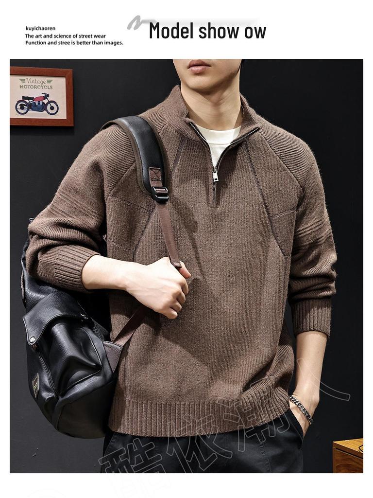 2025 Men's High Neck Zipper Sweater - American Style Autumn/Winter Knit Pullover, High-End Outerwear, Plus Size Available