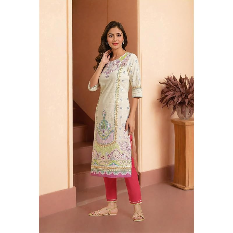 

W For Woman Off W For Womanhite Paisley Printed Cotton Straight Long Foil Kurta L білий