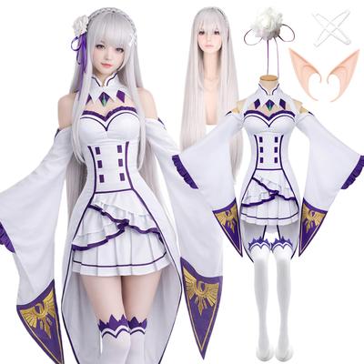 Emilia Starting Life In Another World Cosplay Halloween Maid Elf with Wig [milky Time] ReZero ReZero - (M)