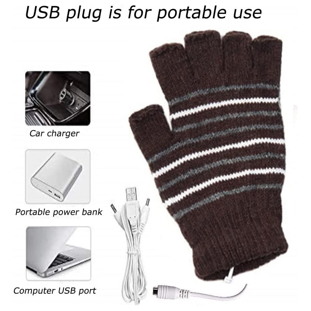 USB Heated Gloves Mitten for Men Women Striped Knit Fingerless Gloves Winter Hands Warmer Laptop Gloves for Adults