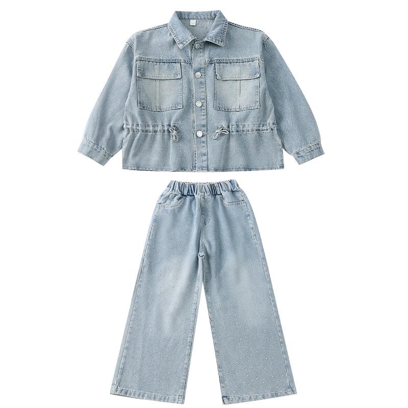 Cowgirl Mode Streetwear Denim Bekleidungsset Jeans und Jacke 2-teiliges Outfit Anzug Kinder Mädchen Freizeit Straßenkleidung Trainingsanzüge
