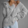 Suéter de mujer, abrigo, cuello en V, manga larga, color sólido, suéter de punto de un solo pecho, ajuste holgado, cárdigan de punto cálido