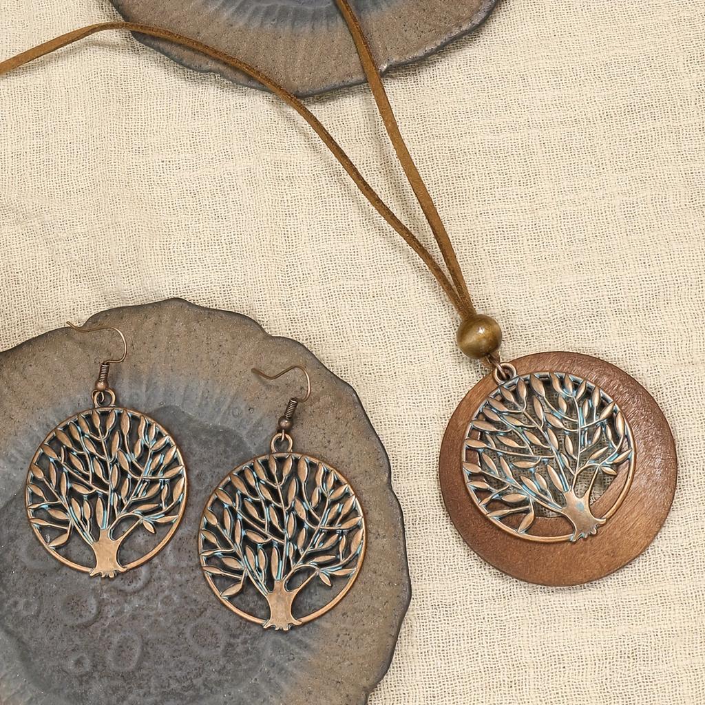 Bohemian Geometric Hollow Tree of Life Earrings Necklace Retro Jewelry Set