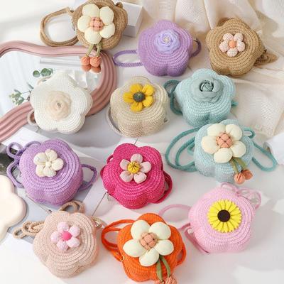 Children's Straw Small Shoulder Bag Woven Cute Flower Baby Girls Purse Handbag Mini Round Hand Made Beach Crossboay Bag
